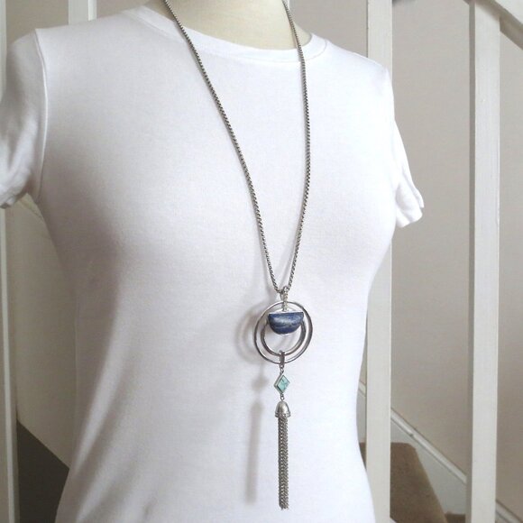 Long Bohemian Artistic SIlver and Blue Long Tassel Necklace with Blue Stones - Picture 4 of 6